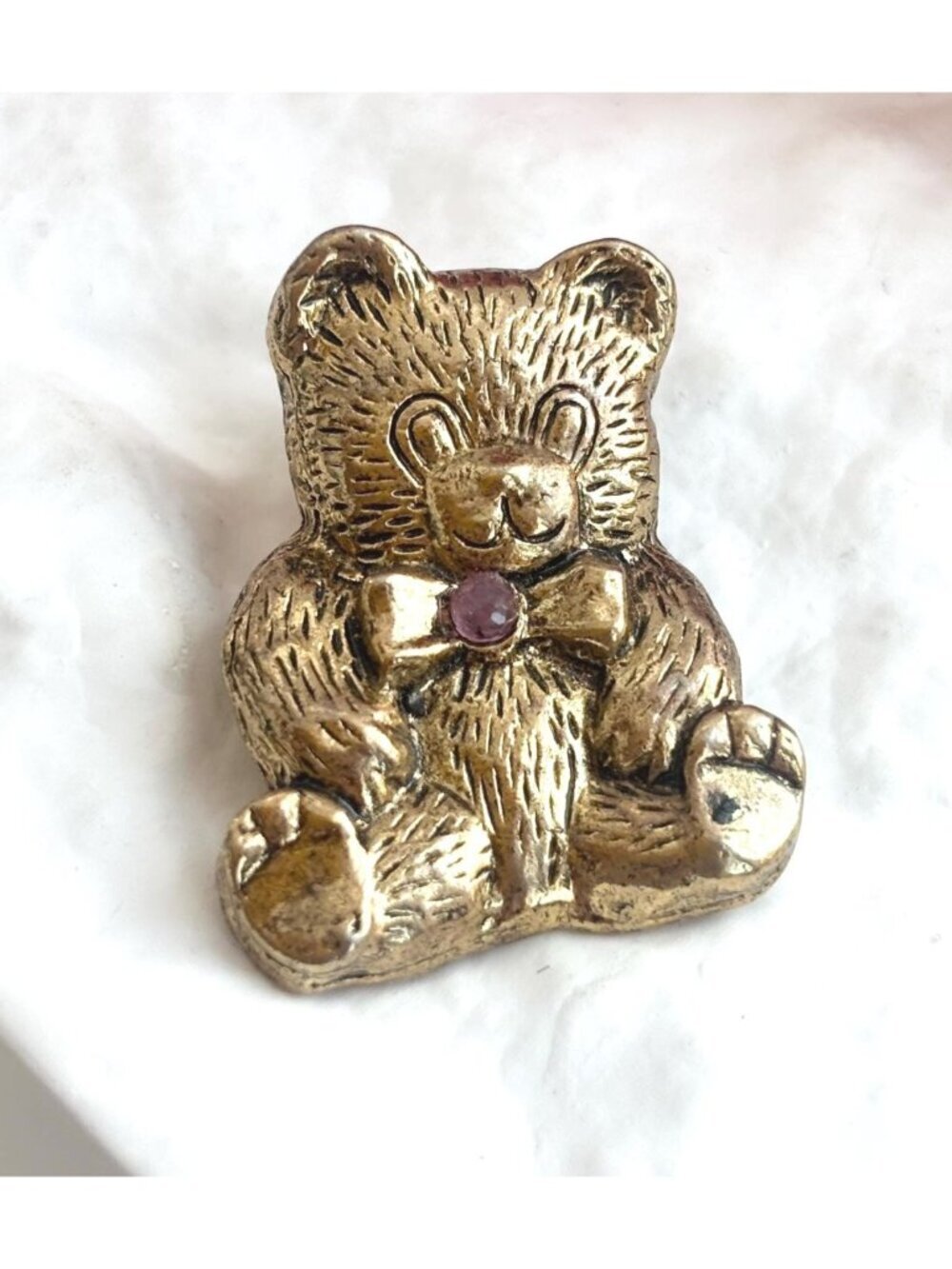 Textured Teddy Bear w/ Purple Rhinestone Gold Toned Double Post Back Pin